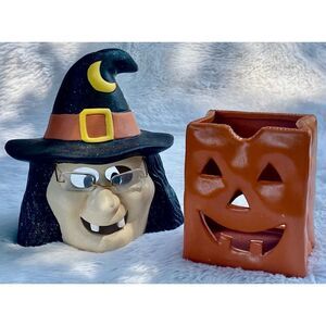 Halloween Fall Sparkle Witch & Jack-O-Lantern Tea Light Candle Holders